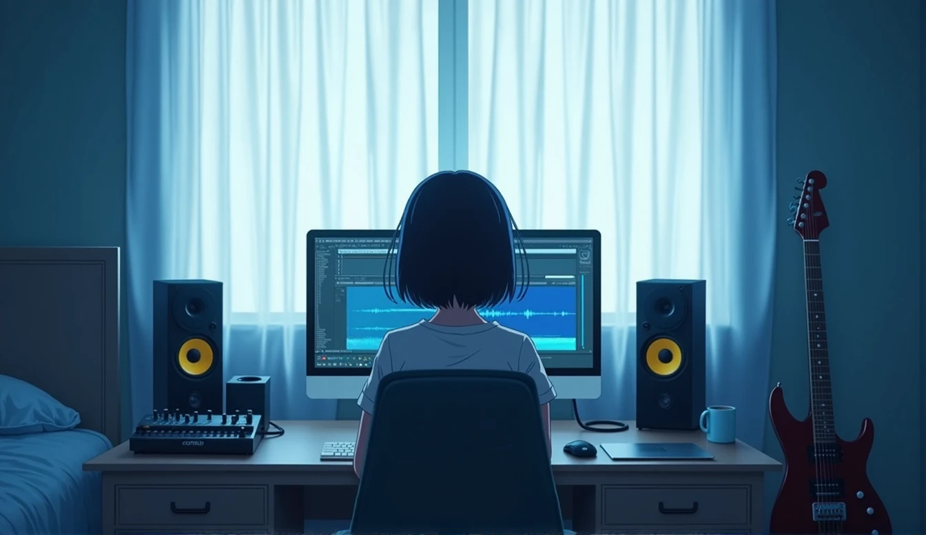white Emotional computer speaker A red electric guitar leaning against a wall Desktop Music dawn An illustration Anime Style Electric guitar close-up