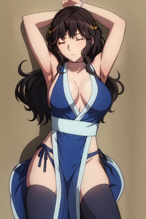 masterpiece, best quality, beautiful art, high resolution, well formed hands, body and fingers, 1 woman, solo,Kaoru  Tanamachi, 31 years old, hair ornament,  adult, grown up, big breasted, cleavage,  full body, braided long hair, blue_japanese_clothes, wearing DOA Kasumi's blue kunoichi dress, sexy and skimpy japanese clothes, kimono peek, sleeveless, panties peek, white stockings, gorgeous legs and thighs,ryona,in peril, she is  defeated, knocked out, passed out, closed eyes, fainting, exhausted, unconscious, laying down on the sand, extended exposed body, full body on the sand, breathing heavily, sexy smirk on her face, bouncing breasts, sexy defeated and KOpose, defeat and KO scene, fallen beauty, martial arts tournament with beach environment.                     