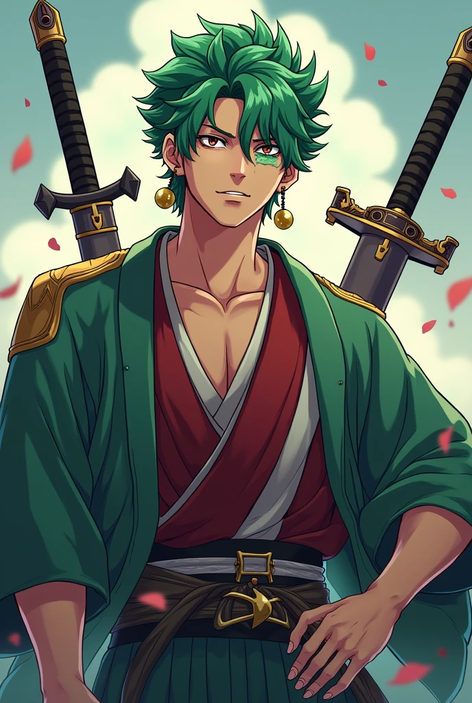 Argus Mobile legend with green hair with scar on left eye, con 3 swords legendarias(3 swords)(unearth),kimono,Japanese,espadas legendarias Japaneseas,3 gold earrings,( Roronoa Zoro), one piece, HD Illustrations, Handsome boy in Demon Slayer art, Badass Anime 8K, Art by Kentaro Miura, Okab Rintarou, pixiv, advanced digital anime art ”, High quality fanart, Fan Art, from Shitao, Kakyoin