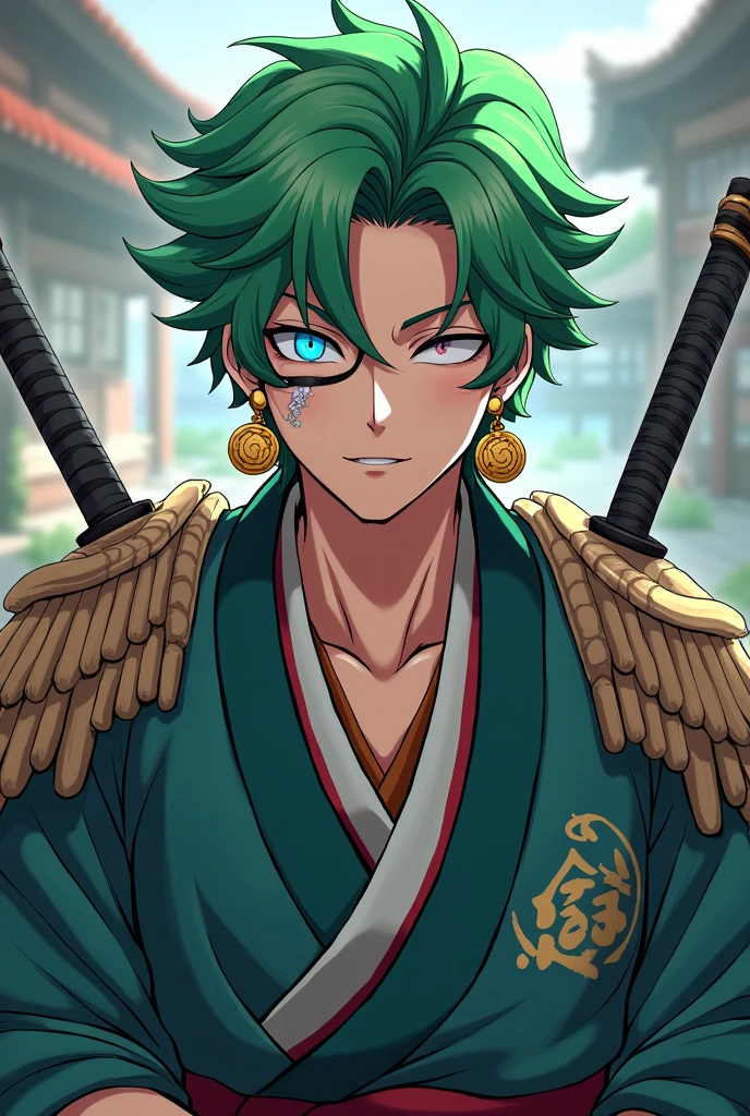 Argus Mobile legend with green hair with scar on left eye, con 3 swords legendarias(3 swords)(unearth),kimono,Japanese,espadas legendarias Japaneseas,3 gold earrings,( Roronoa Zoro), one piece, HD Illustrations, Handsome boy in Demon Slayer art, Badass Anime 8K, Art by Kentaro Miura, Okab Rintarou, pixiv, advanced digital anime art ”, High quality fanart, Fan Art, from Shitao, Kakyoin