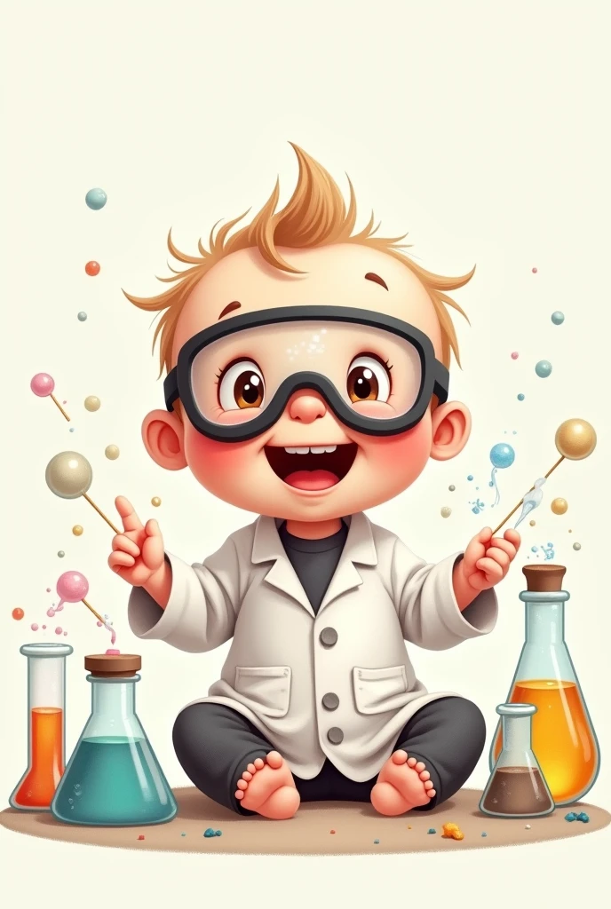 An illustration of a baby with test tubes and chemistry stuff, like a mini crazy but happy scientist. De forma astethic. How to draw without a background. In pastel colors
