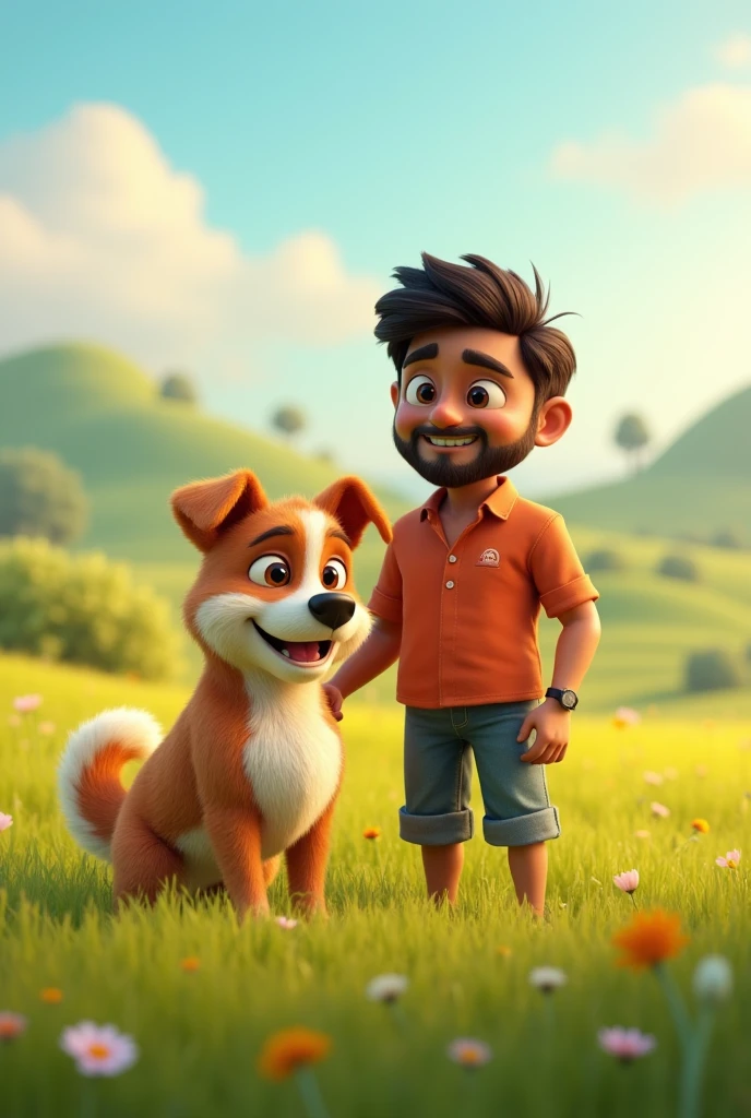 Cartoon 3d animation style"
The dog, now healthy and strong, named "Sheru"**, standing protectively beside Ramesh in the field.