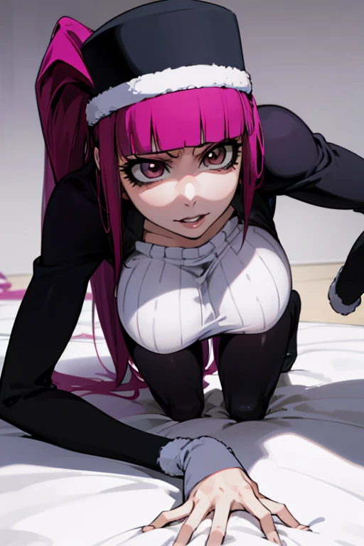 (masterpiece, Detailed Image,detailed picture) Sexy Riruka Dokugamine in her dress and hat, bleach girl, top quality, 16 thousand, ultra-detailed, black stockings, stands on all fours with his butt up, beautiful Riruka Dokugamine, Big breasts, bitch face, attention to the tight stockings,correct anatomy, Double check your anatomy