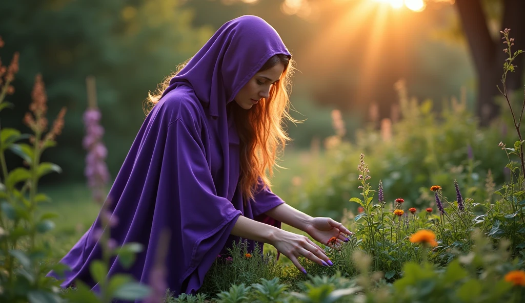 woman with violet priestess cloak, moving the BED OF VARIOUS HERBS standing up, in the garden of your house, without gloves with perfect hands on the ground, convey a lot of depth, many HERBS, in the evening sun