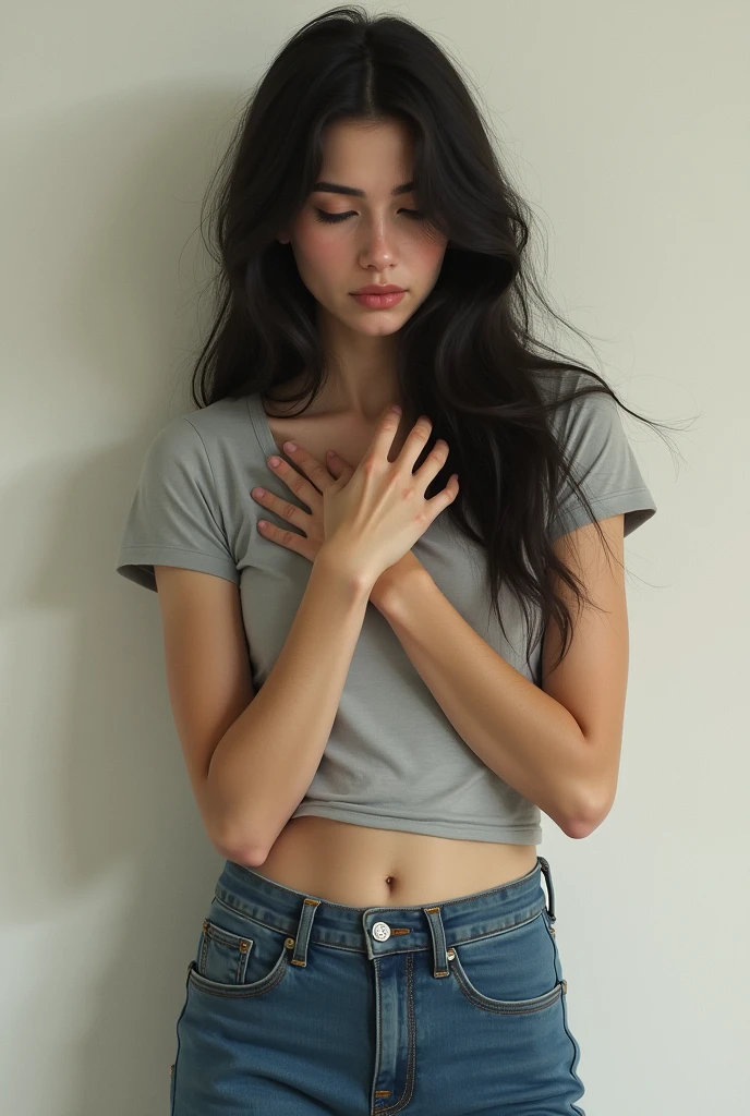 Teacher. A woman wearing tight jeans. Pale. Moaning. Long black hair. Touching herself. Not nsfw