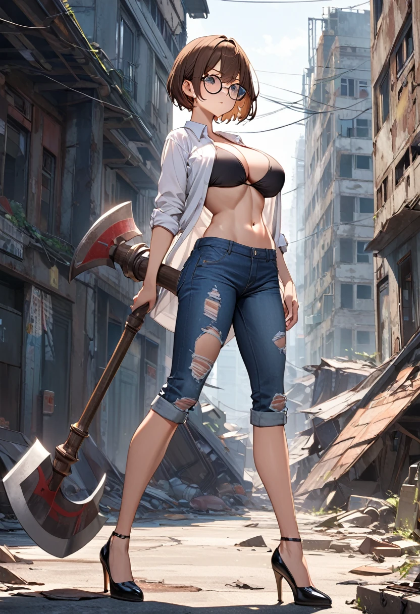 tomboy, solo, (very short hair, pixie cut, brown hair), circle-glasses, cute girl, perfect female body, big breasts, cleavage, toned stomach, beautiful limbs, white open Shirt, black bikini top, Distressed jeans short pants, high heels, She holds a huge battle ax twice her height in both hands, (((((huge battleaxe))))), A defeated expression, science fiction, A ruined world, Dilapidated building district, Morning Glow, UHD, masterpiece, anatomically correct, textured skin, high details, high quality