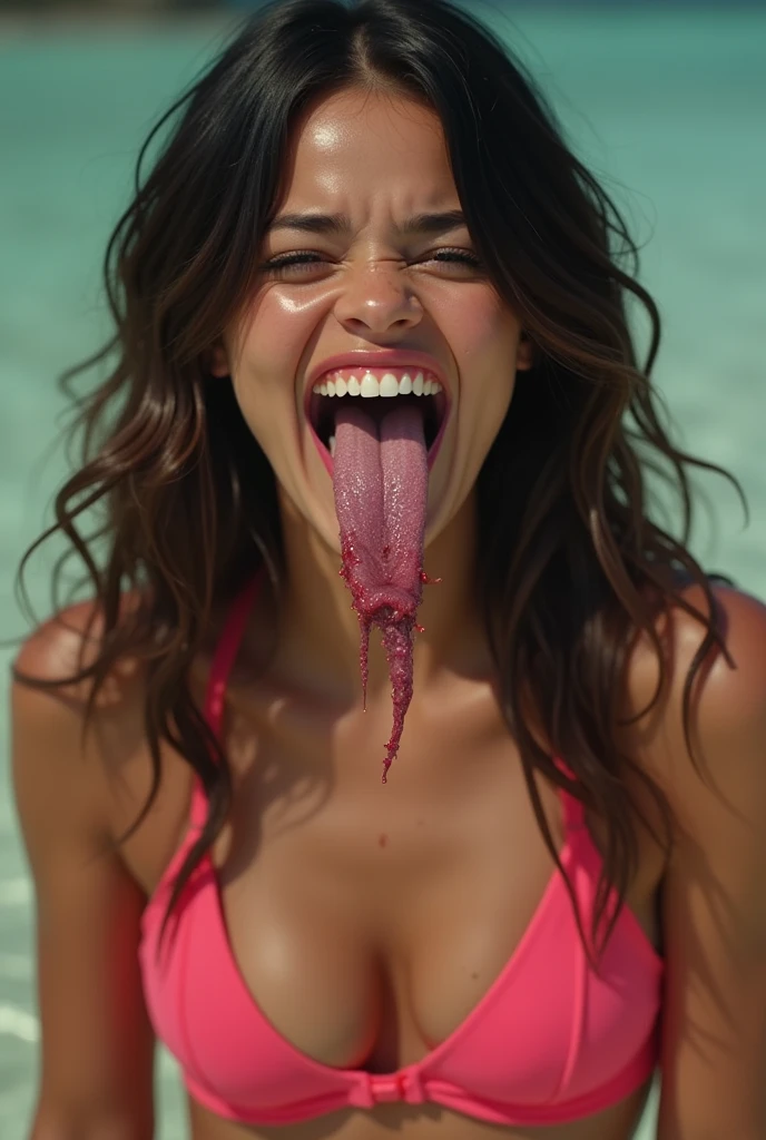 araffed woman, Selena Gomez, in a pink bikini holding a red object, Staring Selena Gomez Screaming, insane smile, she is smiling and excited, she is laughing, crazy seductive smile, excited, cleavage, mouth open, very excited, fleshy creature above her mouth, red bra, tongue out, youtube video screenshot, big smile on her face, sexy girl, bukkake on face, naughty, teary eyes,excessive cum on tongue,cum in mouth