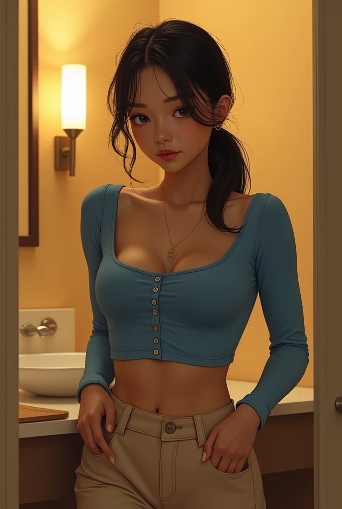masterpiece, best quality, 21yo girl, black hair, shoulder-length hair tied back into a low ponytail, wearing a fitted, long-sleeved blue crop top with buttons down the front and beige high-waisted, loose-fitting pants, plumpy. Standing in a bathroom, with a modern and warm-toned interior design. leaning slightly forward, with her hands on the counter. The background features yellow lighting on the ceiling accentuating the room's cozy atmosphere.
