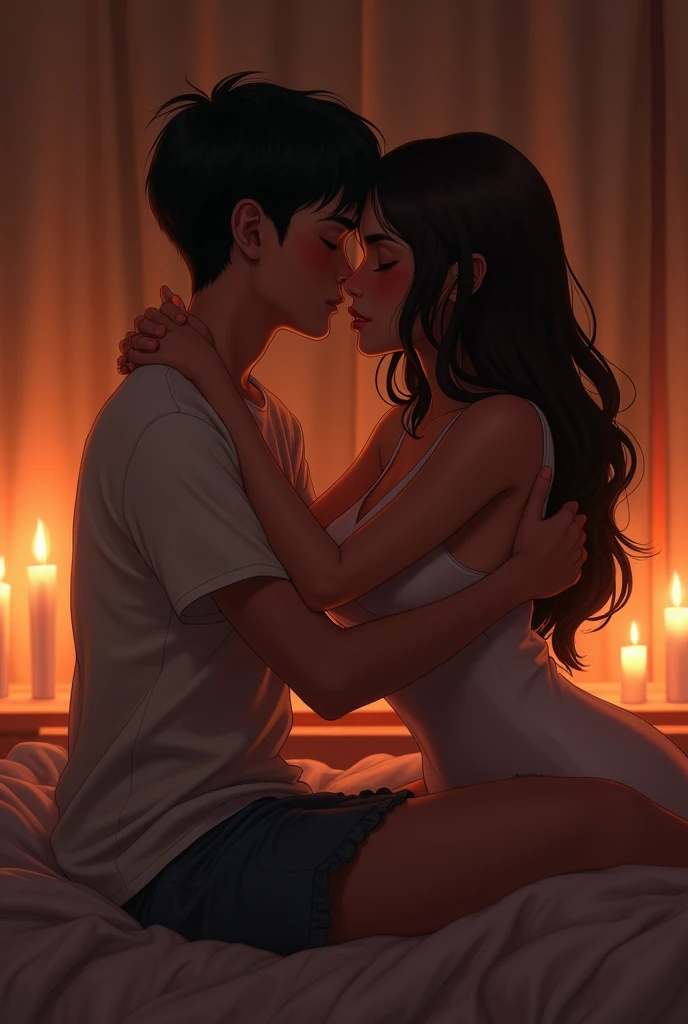 Young boy and woman passionately making out, kissing, lips touching, hugging tight, both blushing intensely, eyes closed, in bed, night time, candles lit