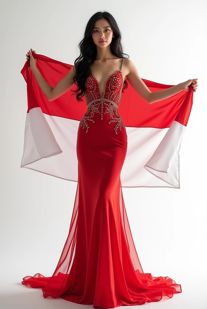 beautiful elegant woman, holding Indonesian flag, female focus, black hair, evening dress, portrait, white background