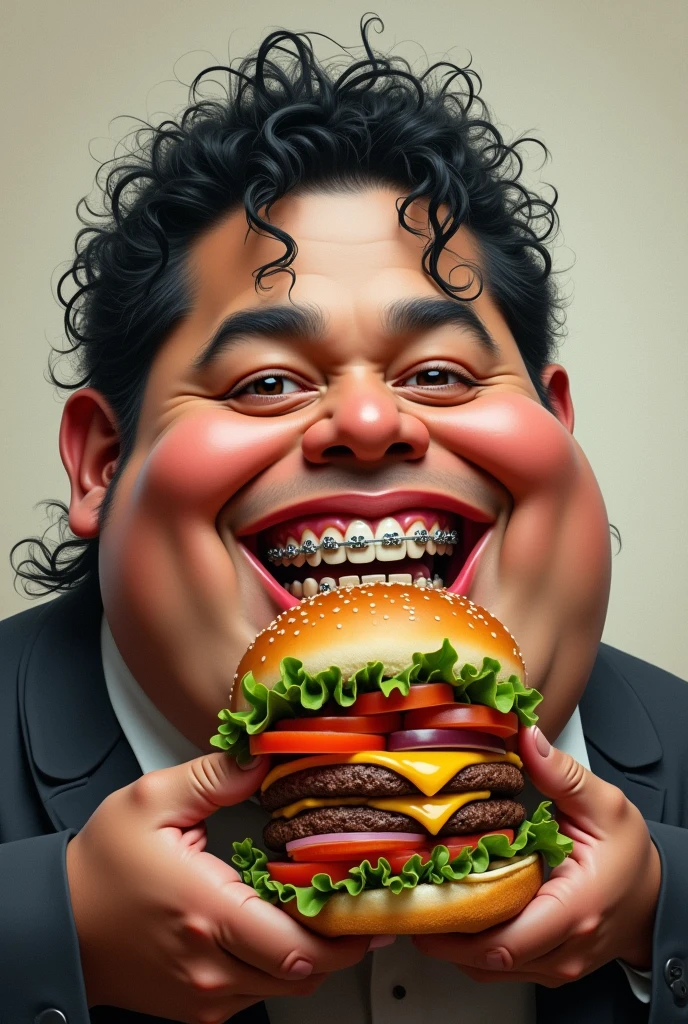 Crea a Michael Jackson gordo, smiling with braces on teeth, and eating a hamburger that is a realistic image.
As if I were in an interview