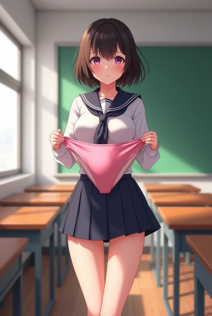 (((masterpiece, highest quality, High resolution, 超High resolution, Perfect Pixel, Depth of written boundary, 4K, RTTX 10.0))), Beautiful Anime Woman, Beautiful art style, Anime characters, ((Smooth texture, Realistic texture, Anime CG Style)), Exact finger count、Exact number of legs、(Exact number of arms:1.0, Exact number of hands:1.0), (Perfect hands, Perfect Anatomy), Cinematic, Realistic, Extremely detailed CG, Daytime lighting, Perfect lighting, Best Shadow, The best natural light, whole body, Perfectly balanced style, A perfectly balanced body, (Slender body:1.1), whole body, ((bangs, Dark brown hair, Stylish and cute bob cut)), ((A cute woman is standing and showing off her panties in her hands:1.3)), (Fashionable white shirt, Sailor collar, Knee-high socks, loafers, Navy pleated mini skirt:1.3), ((Sexy and cute panties, (Stylish shiny satin pink panties:1.2), Lace panties:1):1.3), (beautiful and very large breasts:1.2), (Feeling embarrassed, (blush:1.2), (Embarrassed expression:1.5), (In the school classroom:1.5), Angle from the front, holding panties, presenting panties