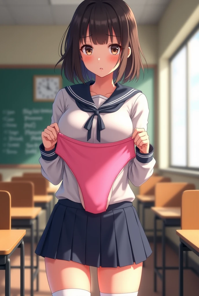 (((masterpiece, highest quality, High resolution, 超High resolution, Perfect Pixel, Depth of written boundary, 4K, RTTX 10.0))), Beautiful Anime Woman, Beautiful art style, Anime characters, ((Smooth texture, Realistic texture, Anime CG Style)), Exact finger count、Exact number of legs、(Exact number of arms:1.0, Exact number of hands:1.0), (Perfect hands, Perfect Anatomy), Cinematic, Realistic, Extremely detailed CG, Daytime lighting, Perfect lighting, Best Shadow, The best natural light, whole body, Perfectly balanced style, A perfectly balanced body, (Slender body:1.1), whole body, ((bangs, Dark brown hair, Stylish and cute bob cut)), ((A cute woman is standing and showing off her panties in her hands:1.3)), (Fashionable white shirt, Sailor collar, Knee-high socks, loafers, Navy pleated mini skirt:1.3), ((Sexy and cute panties, (Stylish shiny satin pink panties:1.2), Lace panties:1):1.3), (beautiful and very large breasts:1.2), (Feeling embarrassed, (blush:1.2), (Embarrassed expression:1.5), (In the school classroom:1.5), Angle from the front, holding panties, presenting panties