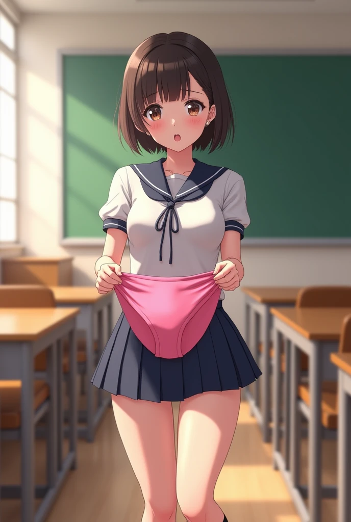 (((masterpiece, highest quality, High resolution, 超High resolution, Perfect Pixel, Depth of written boundary, 4K, RTTX 10.0))), Beautiful Anime Woman, Beautiful art style, Anime characters, ((Smooth texture, Realistic texture, Anime CG Style)), Exact finger count、Exact number of legs、(Exact number of arms:1.0, Exact number of hands:1.0), (Perfect hands, Perfect Anatomy), Cinematic, Realistic, Extremely detailed CG, Daytime lighting, Perfect lighting, Best Shadow, The best natural light, whole body, Perfectly balanced style, A perfectly balanced body, (Slender body:1.1), whole body, ((bangs, Dark brown hair, Stylish and cute bob cut)), ((A cute woman is standing and showing off her panties in her hands:1.3)), (Fashionable white shirt, Sailor collar, Knee-high socks, loafers, Navy pleated mini skirt:1.3), ((Sexy and cute panties, (Stylish shiny satin pink panties:1.2), Lace panties:1):1.3), (beautiful and very large breasts:1.2), (Feeling embarrassed, (blush:1.2), (Embarrassed expression:1.5), (In the school classroom:1.5), Angle from the front, holding panties, presenting panties