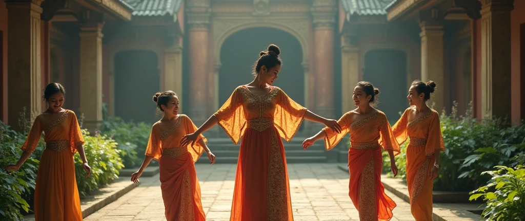 A beautiful woman in Central Javanese traditional clothes is playing in the temple yard with her friends.