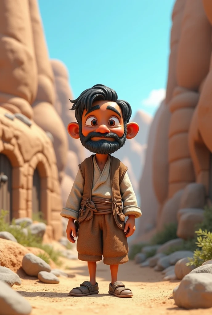 Poor village man in stone area 3d cartoon