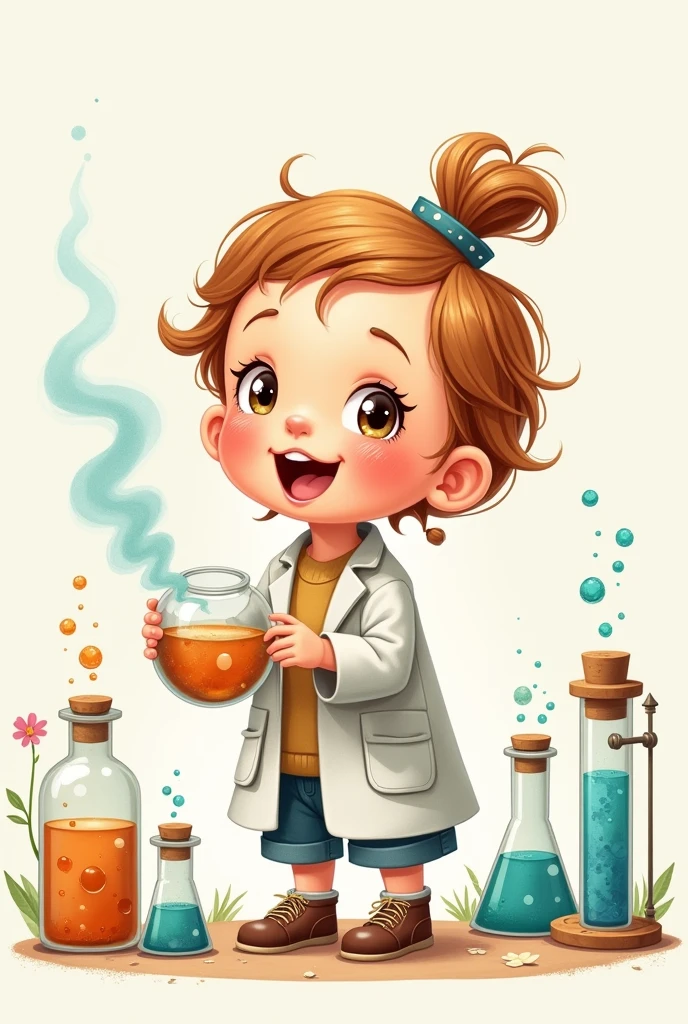 An illustration of a baby girl with test tubes and chemistry stuff, like a mini crazy but happy scientist. De forma astethic. How to draw without a background. In pastel colors