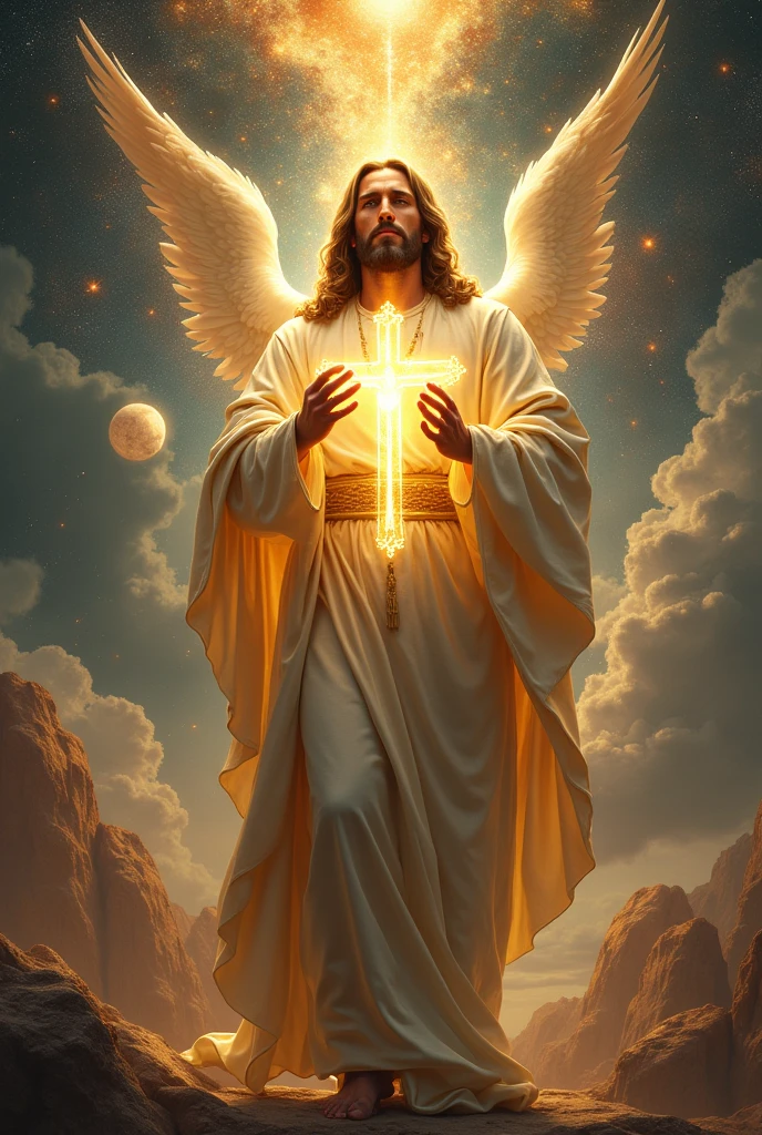 Wonderful Jesus Christ holding a golden crucifix with a heavenly aura with a splendid sky of other planets in the background with angels