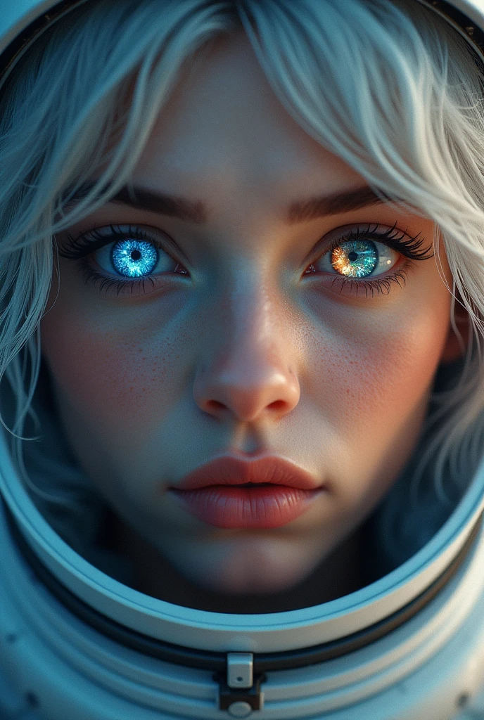 (Close-up of a better masterpiece:1.5)0.9], (Space and astronauts:1.2) (Messy silver hair:1.1) (Heterochromia xanthochromia and blue eyes:1.2) (Space Helmet:1.0) (Colored stars in the eyes:1.0) (A radiant glow:1.1) (thick lips:0.9)