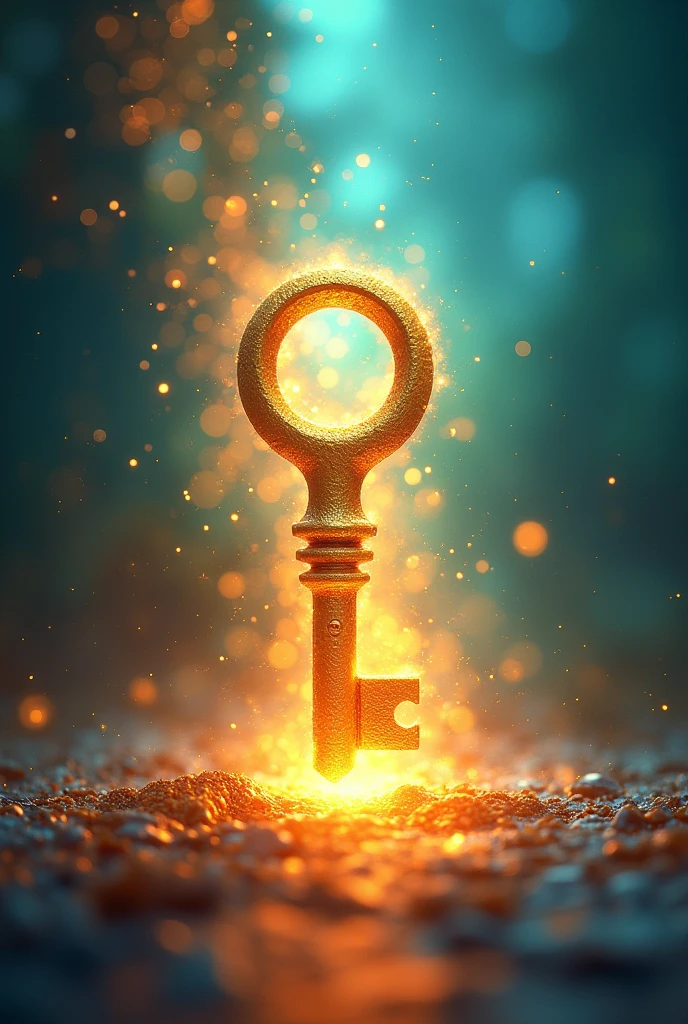 A vibrant and dynamic image showing a large golden metal key in an upright position, with a modern and stylized design. The key is partially inserted into a lock that is set against a brightly colored abstract background, como azul, orange and green, that radiate energy and transformation. As the key is turned, it emits a radiant beam of light that expands and illuminates the background, symbolizing a total and comprehensive transformation. The lock is in the center of the image, representing a significant goal or objective. The rest of the background is a gradient that goes from dark to light., reinforcing the idea of transition from a state of stagnation to complete fulfillment. The key is surrounded by little sparkles and stars, suggesting the magnitude of change that is being unlocked.