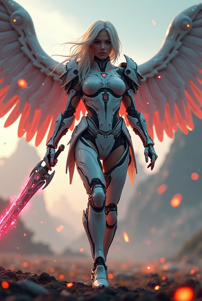 Armageddon effect,ultimate buttle form,REAL - style image of a woman with a sword in a field, cyberpunk art inspired by Leng Mei, cgsociety contest winner, fantasy art, beautiful cyborg angel girl, angel knight girl, as a mystical valkyrie, battle angel, angel in plastic armor, mechanized valkyrie girl, unreal engine 4k wallpaper, wraith from apex legends, epic angel wings