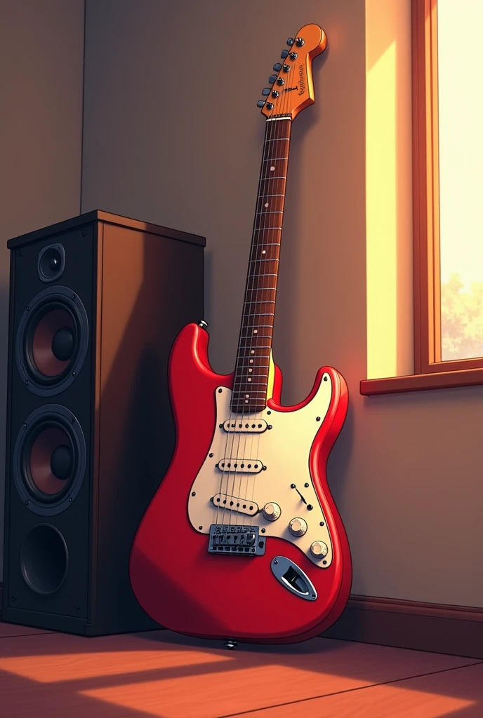 white Emotional computer speaker A red electric guitar leaning against a wall Desktop Music dawn An illustration Anime Style Electric guitar close-up
