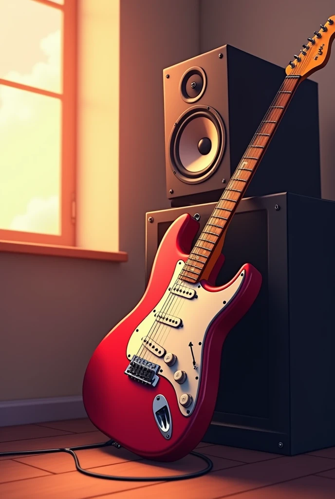 white　Emotional　computer　speaker　A red electric guitar leaning against a wall　Desktop Music　dawn　An illustration　Anime Style　Electric guitar close-up