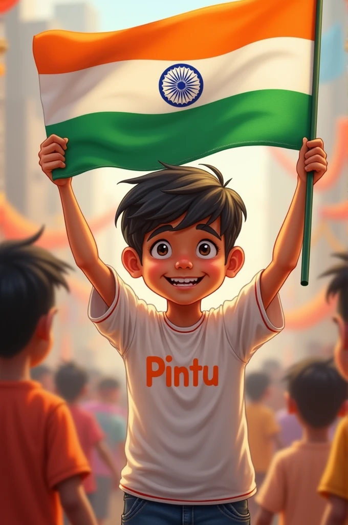 A  boy named PINTU IS HOLDING A INDIAN FLAG and his name is written on his tshirt 