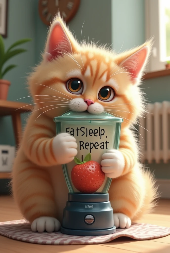 The sign the cat is holding reads: "Eat, sleep, repeat" And Pumpkaboom、A humorous and quirky scene featuring a fluffy cat trying to eat a high-performance blender as if it's a delicious treat. The cat, with its soft, fluffy fur and a determined yet slightly confused expression, is biting down on the blender's glass jar or the base, treating it like a snack. The blender is slightly exaggerated with cartoonish features, making it look even more irresistible to the cat. The cat's eyes are wide with curiosity, and its paws are gripping the blender as it tries to figure out why this 'treat' isn't cooperating. The overall atmosphere is lighthearted and funny, capturing the cat's playful and quirky behavior in a delightful way.