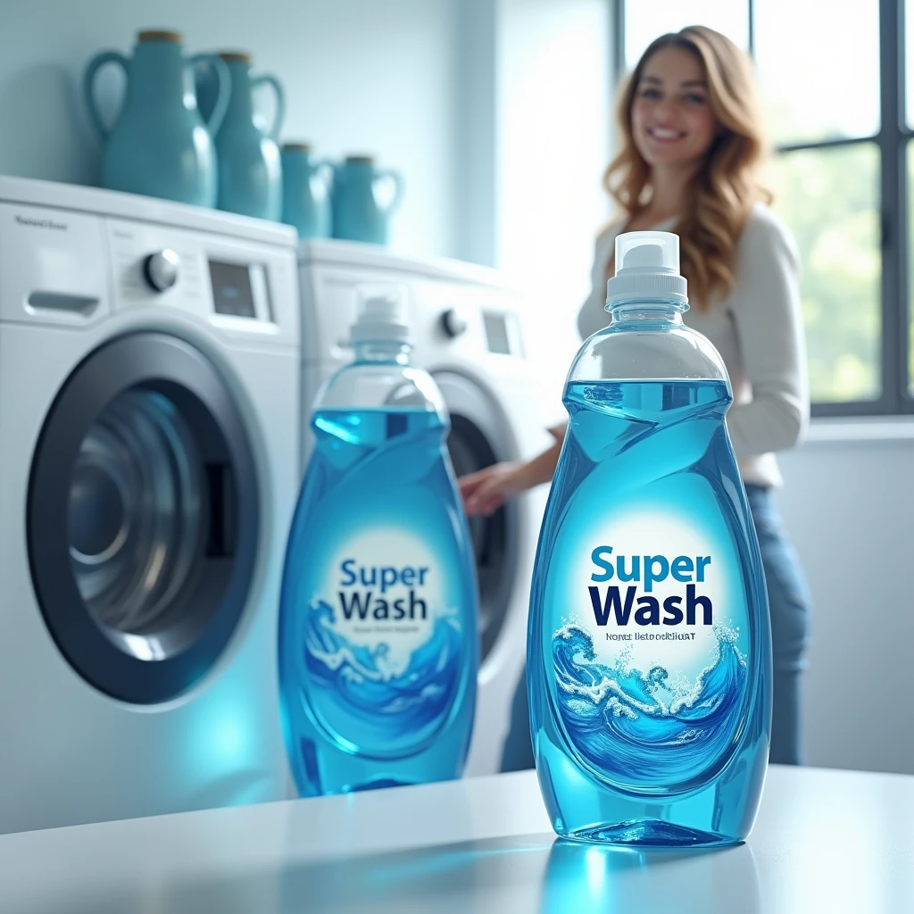 Super wash logo on liquid detergent  Ocean Blue transparent clear liquid bottle with Laundry  background and wishing machine with lady