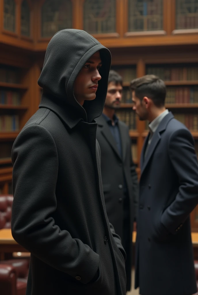 , (highest quallity、tabletop、8k、best quality image、Hyper-Realism) male ager, wearing a hooded coat on his head, looking at two men, Grieving, in a library