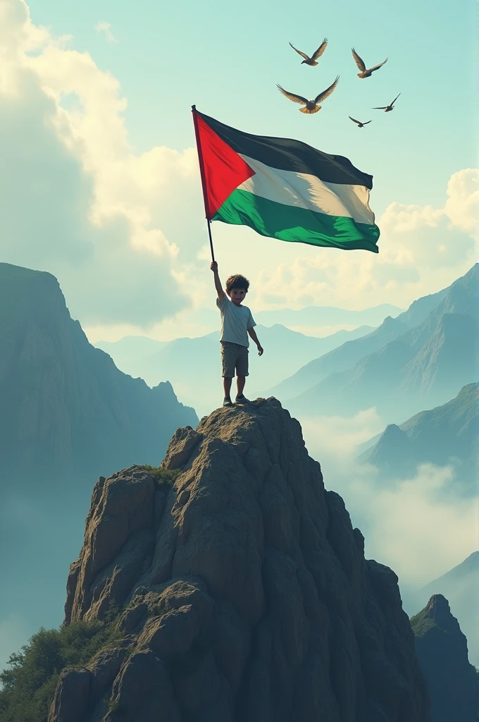 A 5 is on top of a mountain holding a Palestinian flag. Below the mountain there are cloudy hills and many birds.
