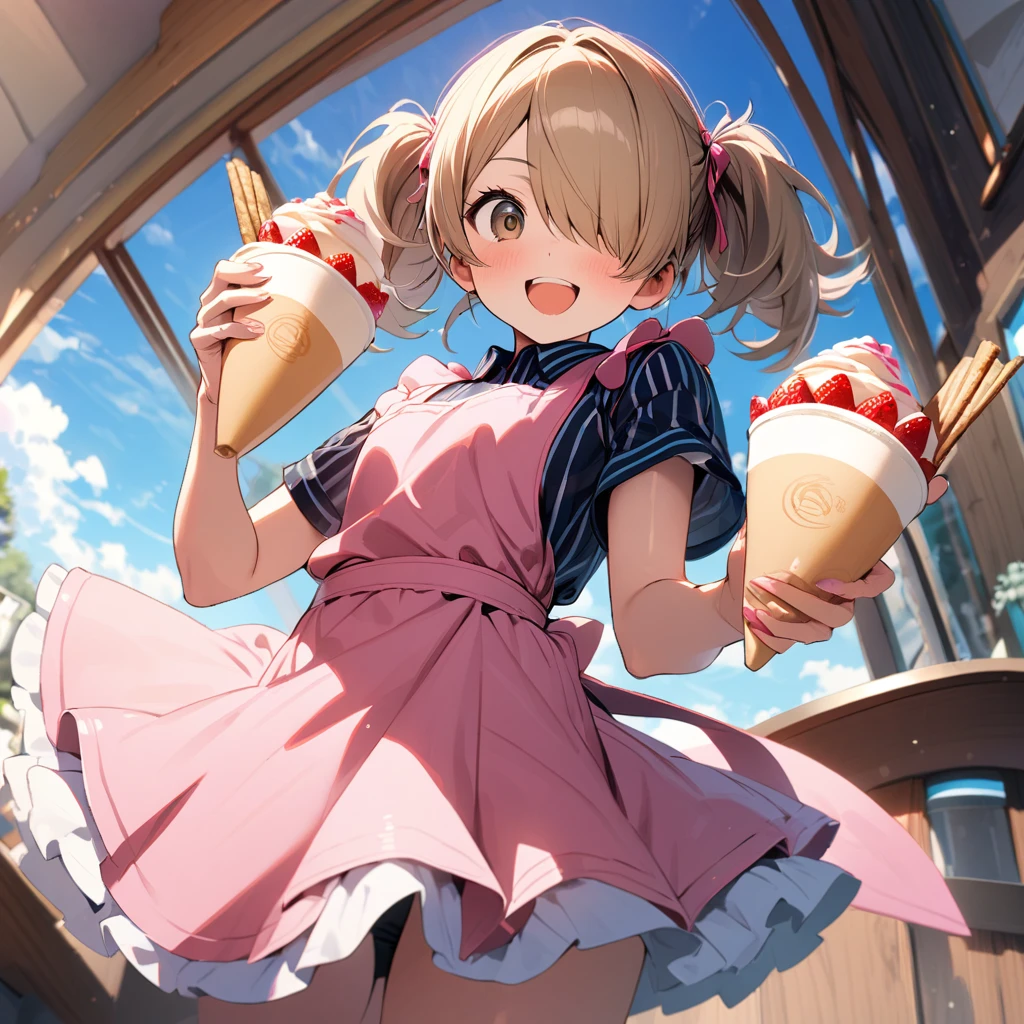 1 idol,solo,yo,amazing quality, aesthetic, aesthetic,ultra-detailed face,detailed eyes,round eyes,brown eyes,milktea beige hair,hair over one eye,short twin tail hair,vertical stripes pattern Multicolor Short sleeves Shirt,Tight skirt,pink apron, Perfect hands, perfect fingers,(holding a crepe from Harajuku that is an inverted triangle with a circle on top),happy,Looking at viewer,Blue sky,Hands out the door of a wagon-shaped crepe shop,rim light,Dynamic angle,highly detailed illustration,masterpiece,8K,top quality,Beautiful detailed background