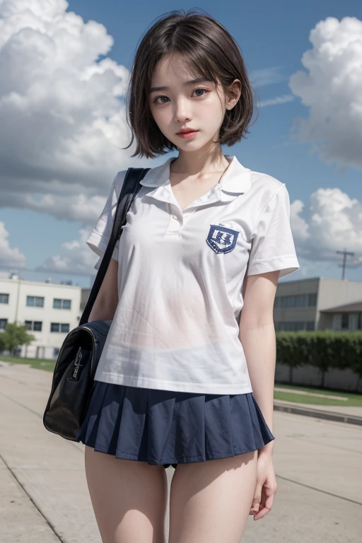 Girl Standing In Schoolyard, Cumulonimbus clouds floating in the summer sky, (Navy School Swimsuit:1.1), (wearing a white sailor shirt), Big eyes, Droopy eyes, school bag, 13 years old, (Very slim:1.4), (Very small ass:1.4), Thin thighs, knees, Brown eyes, Short hair tied low, skirt lifting, show pussy line