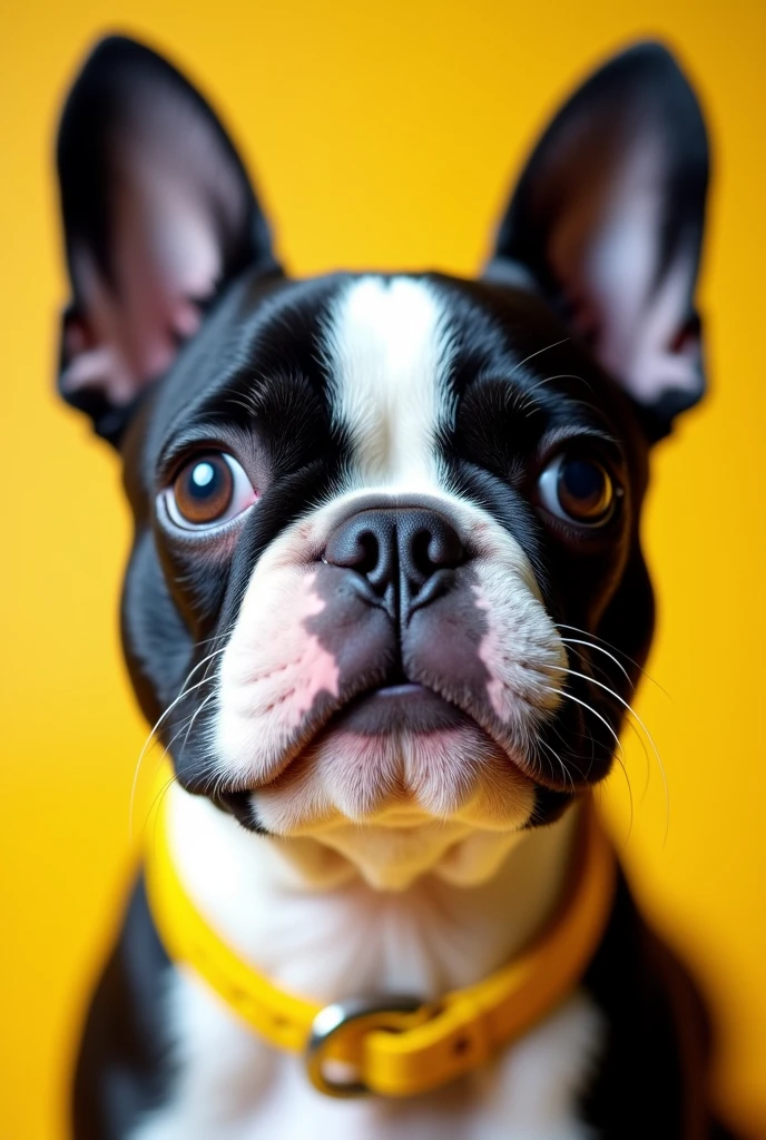 there is a small black and white dog wearing a yellow collar, closeup of an adorable, inquisitive look, closeup portrait shot, with a white muzzle, stares at the camera, looking up at the camera, a brightly coloured, looking towards the camera, close - up portrait shot, piercing stare, french bulldog, looking directly at the camera, beautiful face!