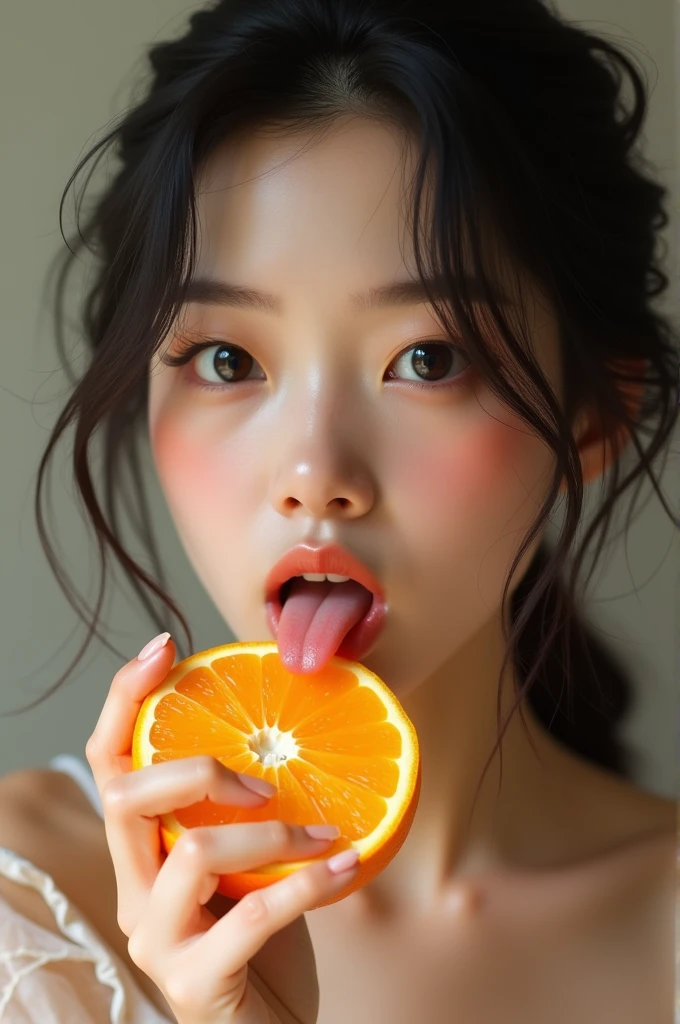 sexy girl licking a popsicle with a seductive look, her face dirty with milk