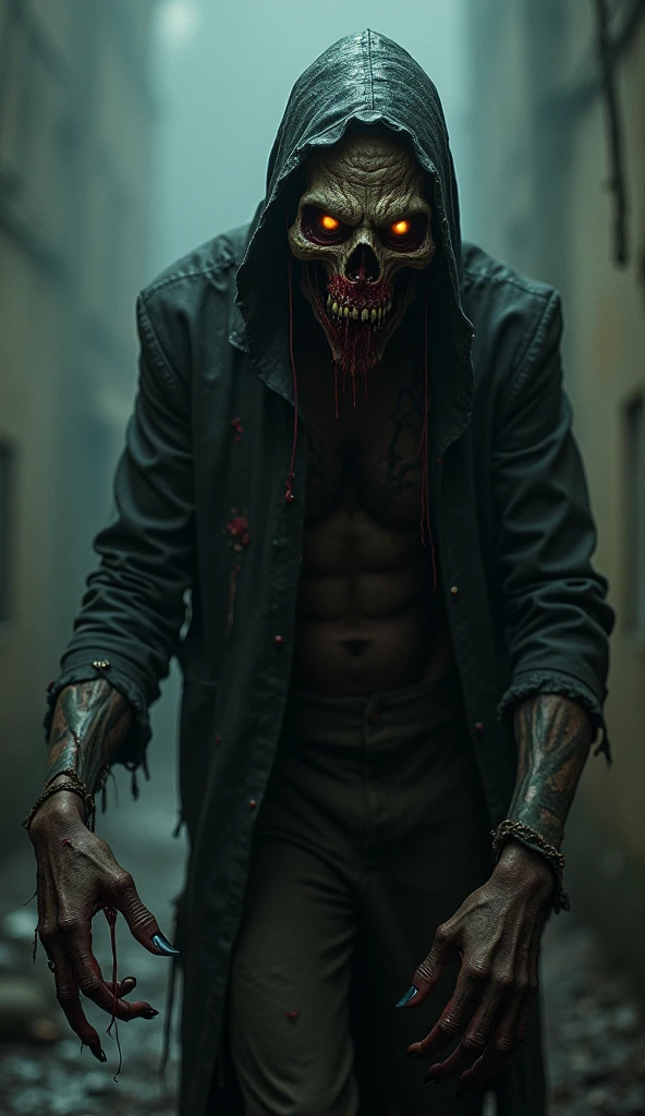 Include unsettling details, with intense focus on sharp, menacing features. Emphasize dark, shadowy elements that obscure and distort, creating a sense of impending doom. Add bloodstained textures and fractured surfaces to enhance a gruesome, nightmarish effect. Incorporate twisted, elongated limbs or appendages that move unnaturally. Highlight eerie, glowing eyes that pierce through darkness, reflecting a deep malevolence. Add hints of decaying or decomposing elements to suggest an ancient, cursed being. Use jagged, irregular forms and sharp edges to evoke a feeling of dread. Surround the figure with an aura of oppressive, foreboding darkness that creeps into every corner of the scene. Include unsettling details, with intense focus on sharp, menacing features. Emphasize dark, shadowy elements that obscure and distort, creating a sense of impending doom. Add bloodstained textures and fractured surfaces to enhance a gruesome, nightmarish effect. Incorporate twisted, elongated limbs or appendages that move unnaturally. Highlight eerie, glowing eyes that pierce through darkness, reflecting a deep malevolence. Add hints of decaying or decomposing elements to suggest an ancient, cursed being. Use jagged, irregular forms and sharp edges to evoke a feeling of dread. Surround the figure with an aura of oppressive, foreboding darkness that creeps into every corner of the scene.