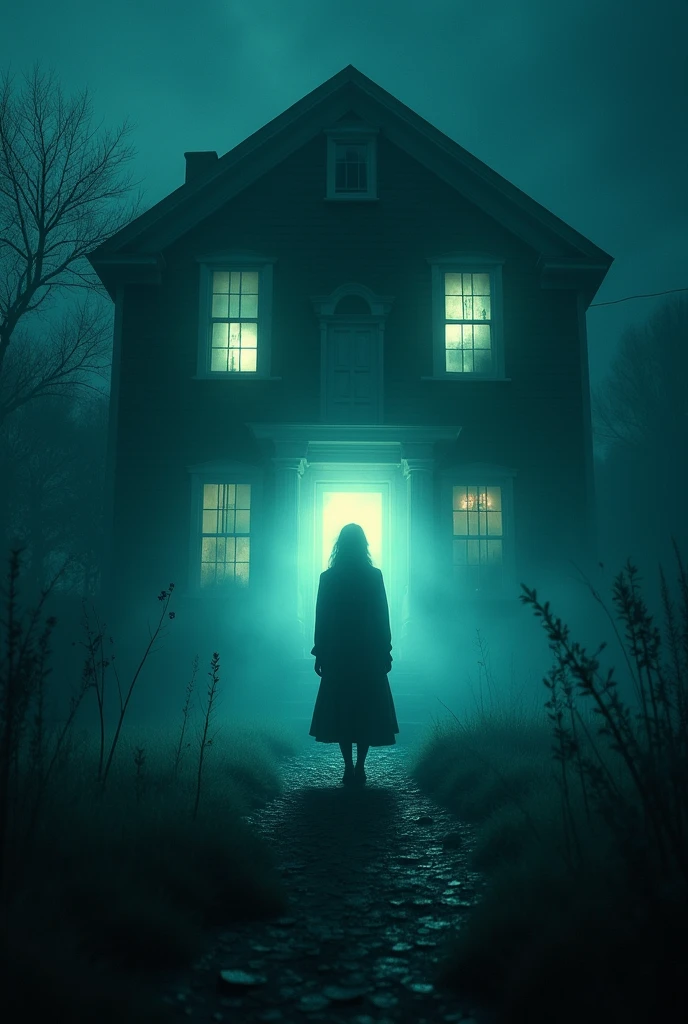 A close-up of the house, shining with a disturbing light is a woman