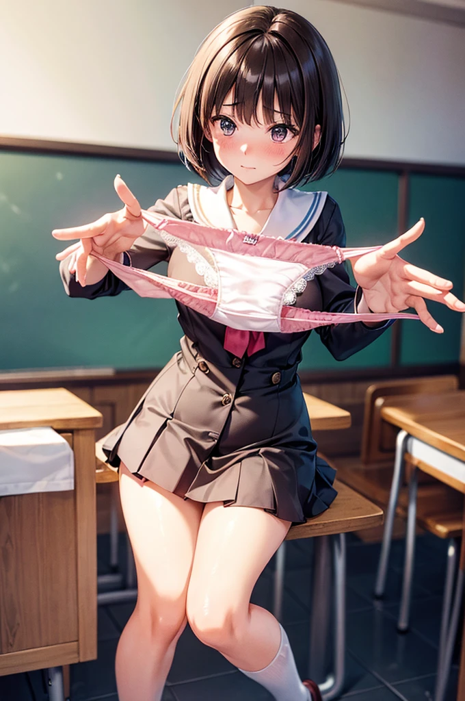 (((masterpiece, highest quality, High resolution, 超High resolution, Perfect Pixel, Depth of written boundary, 4K, RTTX 10.0))), Beautiful Anime Woman, Beautiful art style, Anime characters, ((Smooth texture, Realistic texture, Anime CG Style)), Exact finger count、Exact number of legs、(Exact number of arms:1.0, Exact number of hands:1.0), (Perfect hands, Perfect Anatomy), Cinematic, Realistic, Extremely detailed CG, Daytime lighting, Perfect lighting, Best Shadow, The best natural light, whole body, Perfectly balanced style, A perfectly balanced body, (Slender body:1.1), whole body, ((bangs, Dark brown hair, Stylish and cute bob cut)), ((A cute woman is standing and showing off her panties in her hands:1.3)), (Fashionable white shirt, Sailor collar, Knee-high socks, loafers, Navy pleated mini skirt:1.3), ((Sexy and cute panties, (Stylish shiny satin pink panties:1.2), Lace panties:1):1.3), (beautiful and very large breasts:1.2), (Feeling embarrassed, (blush:1.2), (Embarrassed expression:1.5), (In the school classroom:1.5), Angle from the front, holding panties, presenting panties
