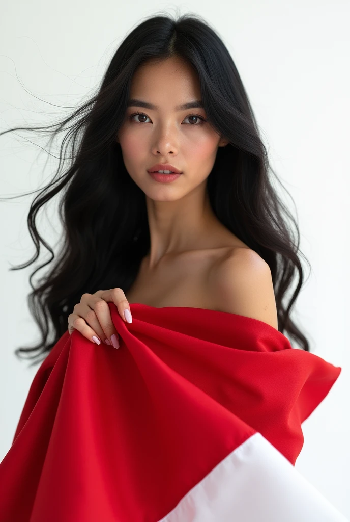 beautiful elegant woman, holding Indonesian flag, female focus, black hair, evening dress, portrait, white background
