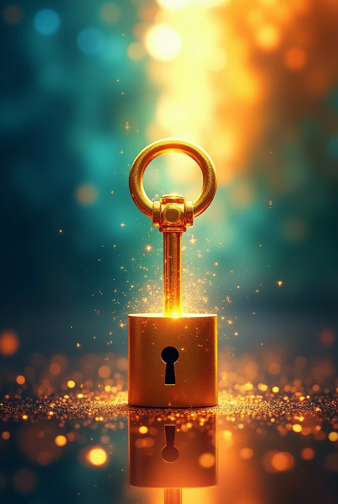 A vibrant and dynamic image showing a large golden metal key in an upright position, with a modern and stylized design. The key is partially inserted into a lock that is set against a brightly colored abstract background, como azul, orange and green, that radiate energy and transformation. As the key is turned, it emits a radiant beam of light that expands and illuminates the background, symbolizing a total and comprehensive transformation. The lock is in the center of the image, representing a significant goal or objective. The rest of the background is a gradient that goes from dark to light., reinforcing the idea of transition from a state of stagnation to complete fulfillment. The key is surrounded by little sparkles and stars, suggesting the magnitude of change that is being unlocked.