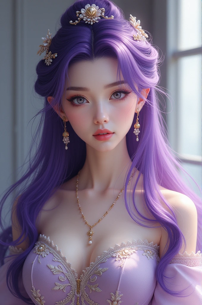 Purple hair, beautiful woman, long hair, Chinese dress, hair ornament