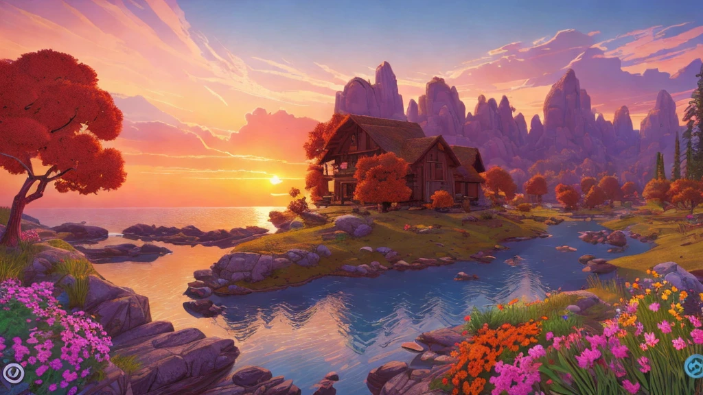 detailed pixel art landscape, atardecer, beautiful sunset, vibrant colors, warm tones, detailed foliage, intricate details, 4k, highly detailed, cinematic lighting, photorealistic, professional digital art, masterpiece