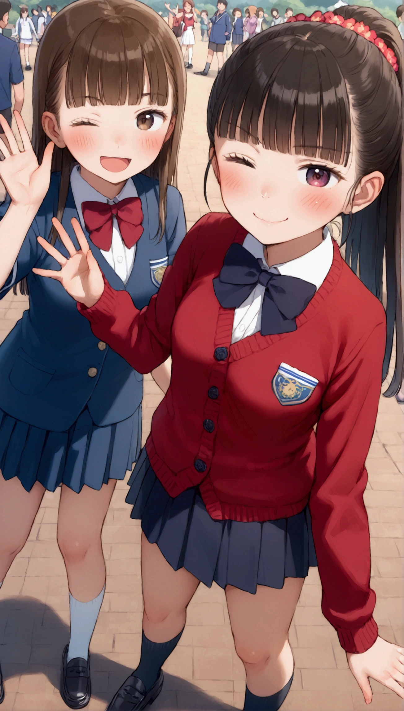 {Highest quality}, {Super beautiful},{Ultra fine},{Best illustration},Brown Hair,Hime cut,long hair,ponytail,One woman,Standing Woman,Strike a pose,Adult women,smug face,Excited face,Wink,uniform,cardigan,Short sleeve,skirt,Night Festival,Blushing,Slender,Black knee-high socks,Black Loafers,From an angle,From above,Spread your legs,Waving with one hand,