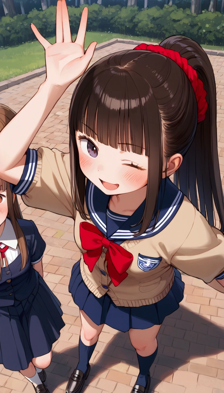 {Highest quality}, {Super beautiful},{Ultra fine},{Best illustration},Brown Hair,Hime cut,long hair,ponytail,One woman,Standing Woman,Strike a pose,Adult women,smug face,Excited face,Wink,uniform,cardigan,Short sleeve,skirt,Night Festival,Blushing,Slender,Black knee-high socks,Black Loafers,From an angle,From above,Spread your legs,Waving with one hand,