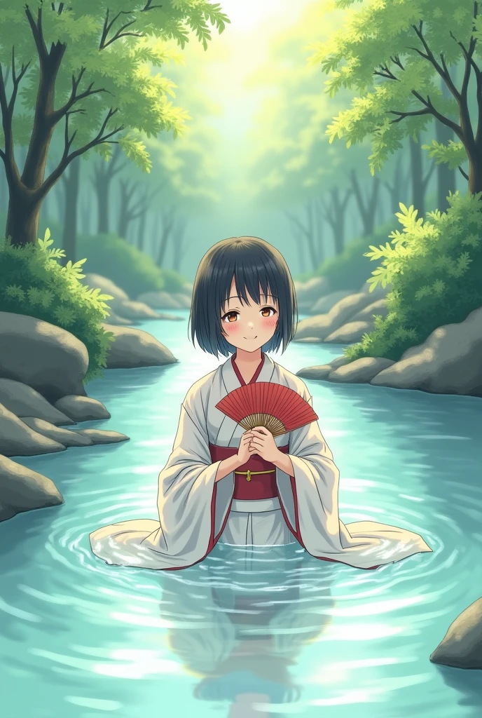 in the forest, Cool off in the river, nature, happiness, ephemeral, beautiful, Transparency, , neutral, high resolution, Black Hair, Droopy eyes, whole body, Delicate line drawing illustration, exposure, Japan anime, Smiling woman, smile, yukata, Fan, cool, summer