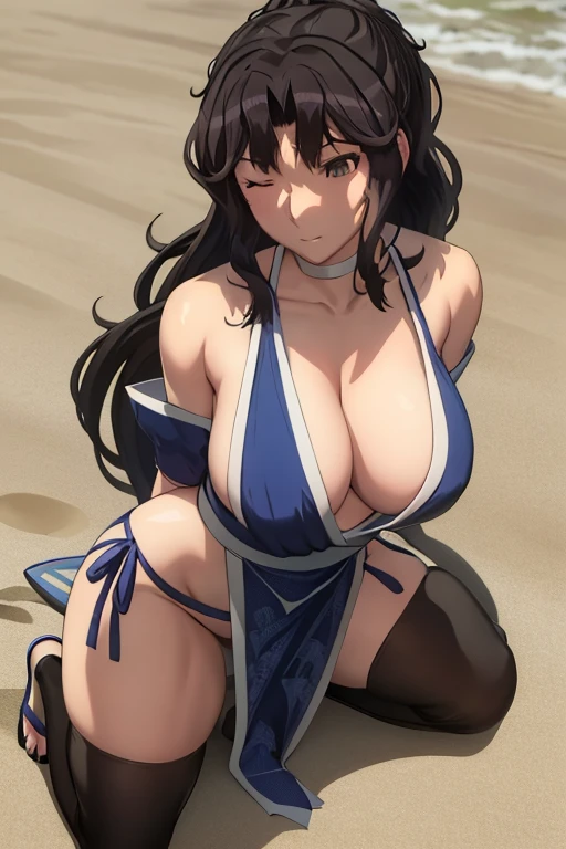 masterpiece, best quality, beautiful art, high resolution, well formed hands, body and fingers, 1 woman, solo,Kaoru Tanamachi, 31 years old, hair ornament, adult, grown up, big breasted, cleavage, full body, braided long hair, blue_japanese_clothes, wearing DOA Kasumi's blue kunoichi dress, sexy and skimpy japanese clothes, kimono peek, sleeveless, panties peek, white stockings, gorgeous legs and thighs,ryona,in peril, she is defeated, knocked out, passed out, closed eyes, fainting, exhausted, unconscious, laying down on the sand, extended exposed body, full body on the sand, breathing heavily, sexy smirk on her face, bouncing breasts, sexy defeated and KOpose, defeat and KO scene, fallen beauty, martial arts tournament with beach environment.