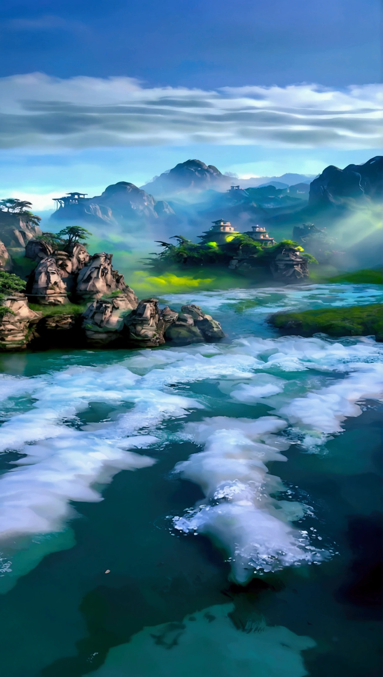 Taking photos in the creek,The stream is clear and flowing,Like the mountains in Zhangjiajie,Mountain tops shrouded in mist,Looming,Sunlight on the mountains,Like a Chinese ink painting,Clear tones