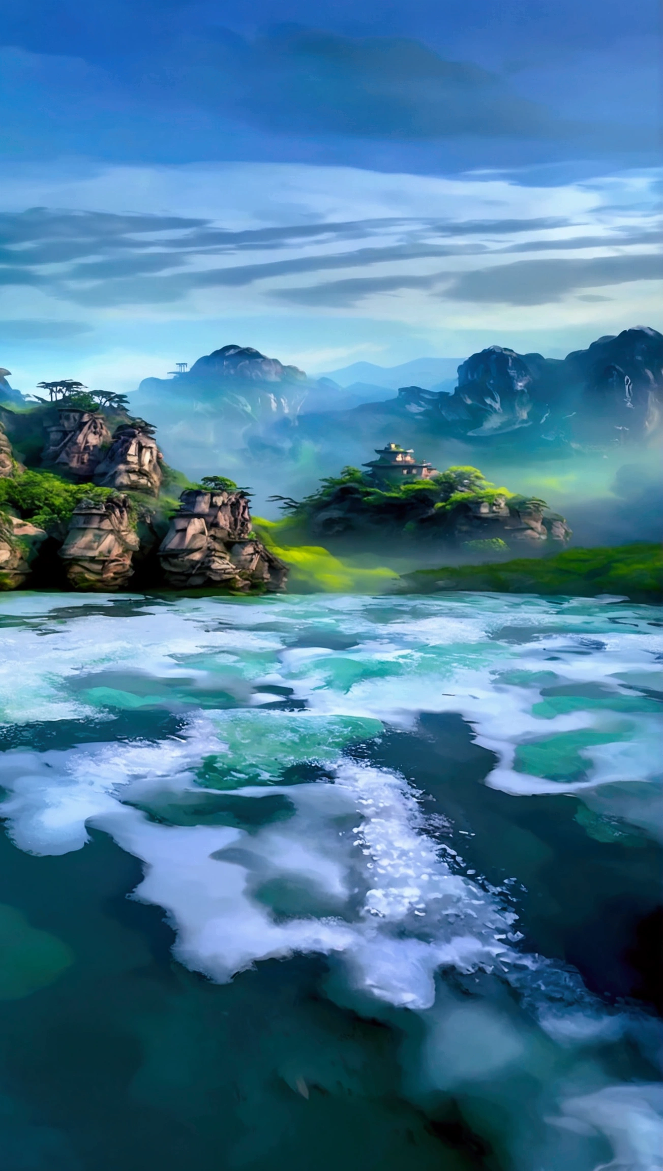 Taking photos in the creek,The stream is clear and flowing,Like the mountains in Zhangjiajie,Mountain tops shrouded in mist,Looming,Sunlight on the mountains,Like a Chinese ink painting,Clear tones