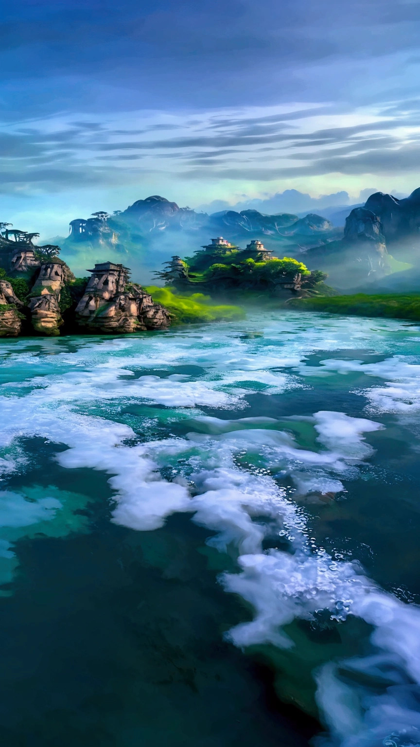 Taking photos in the creek,The stream is clear and flowing,Like the mountains in Zhangjiajie,Mountain tops shrouded in mist,Looming,Sunlight on the mountains,Like a Chinese ink painting,Clear tones